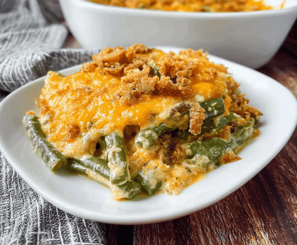 Delicious Cheddar Bay Green Bean Casserole with melted cheese and fresh green beans in a baking dish.