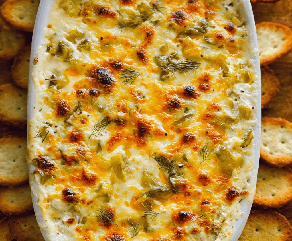 Delicious cheesy baked pickle dip served in a bowl, perfect for appetizers and snacking.
