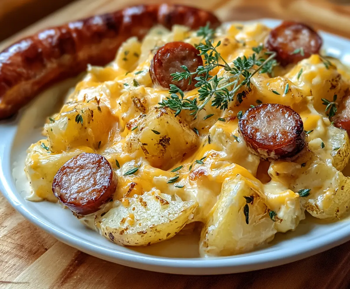 Delicious cheesy ranch potatoes with smoked sausage served on a plate, perfect for hearty comfort food.