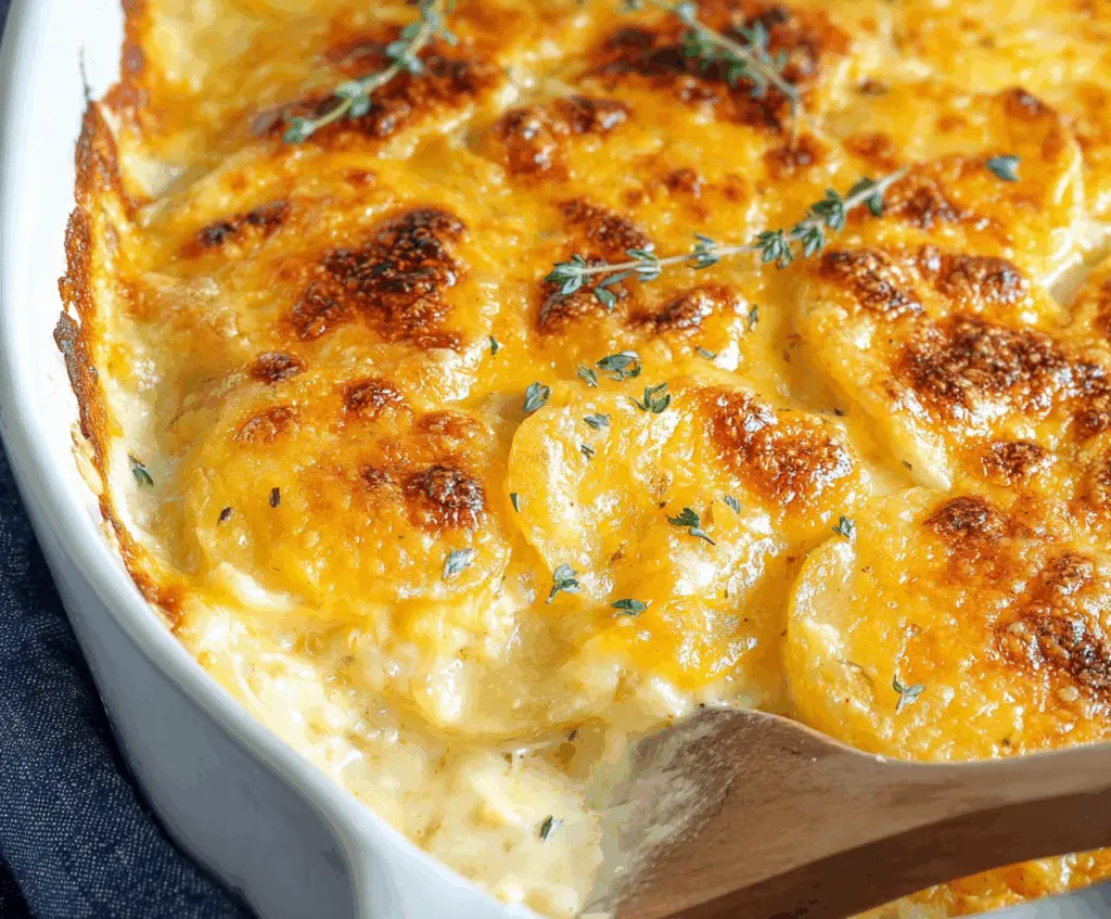 Delicious cheesy scalloped potatoes topped with melted cheese and creamy sauce, perfect for a comforting meal.