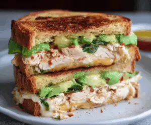 Delicious Chicken Avocado Melt Sandwich with melted cheese and fresh avocado slices.