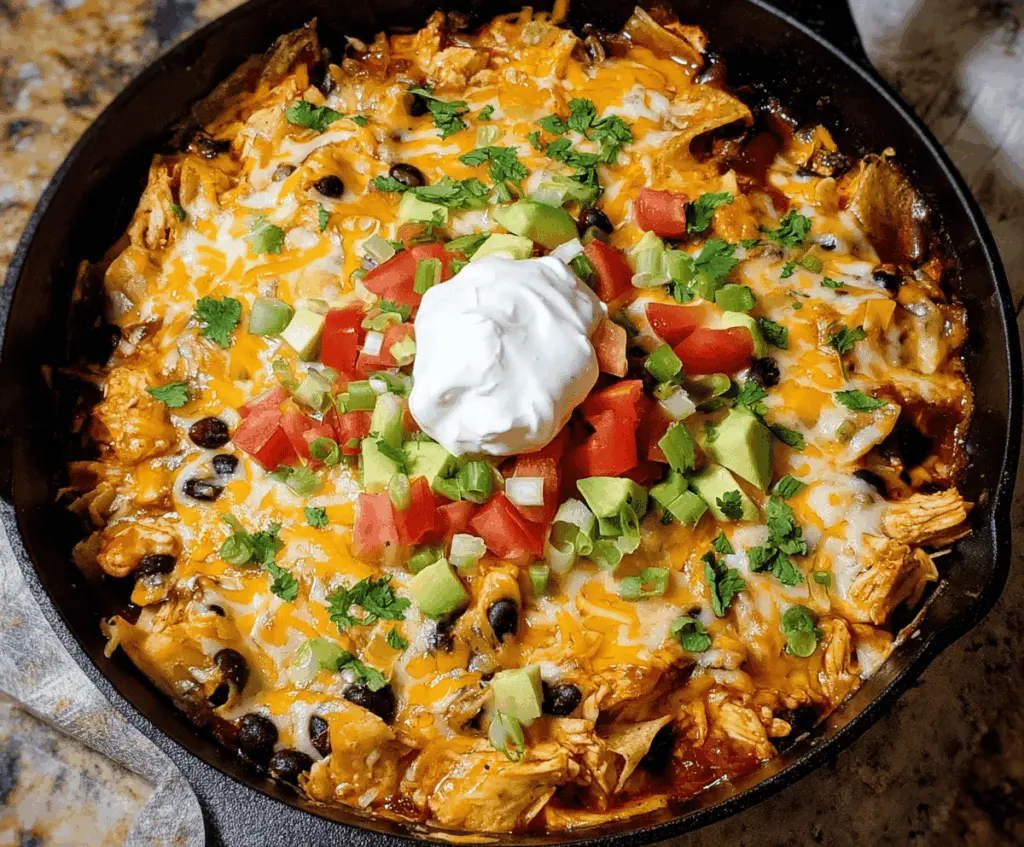 Delicious Chicken Black Bean Enchilada Skillet topped with melted cheese and fresh herbs.