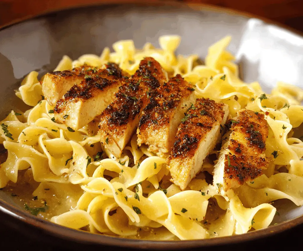 Delicious Chicken Buttered Noodles served on a plate, featuring tender pasta coated in rich butter and savory chicken pieces.