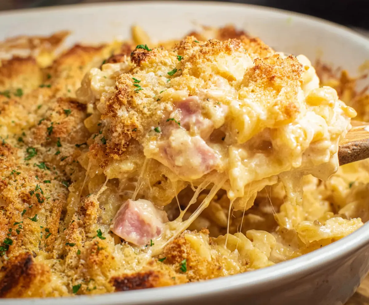 Delicious Chicken Cordon Bleu Casserole with breaded chicken, ham, and melted cheese in a baking dish.