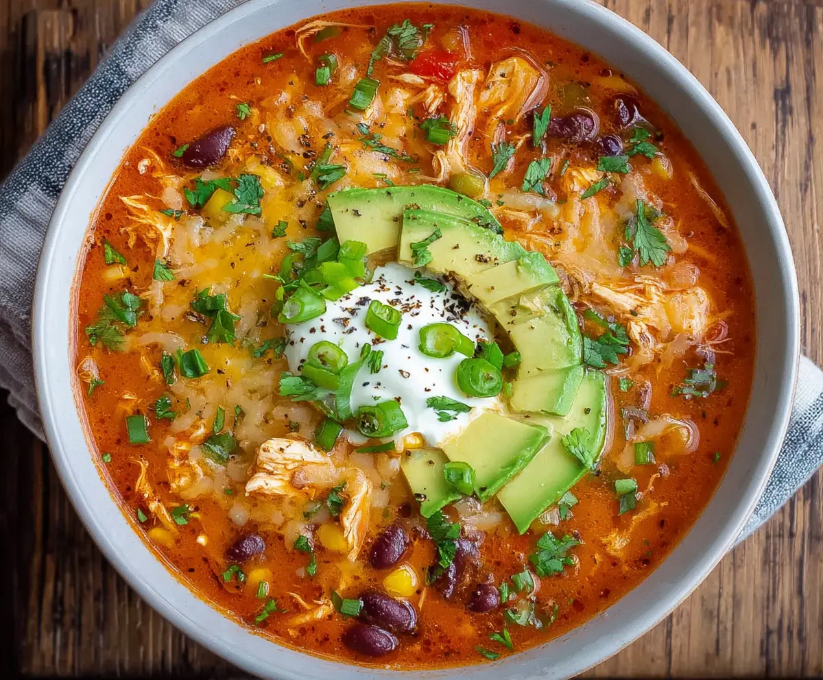 Delicious Chicken Enchilada Soup in a bowl with melted cheese and fresh cilantro garnish