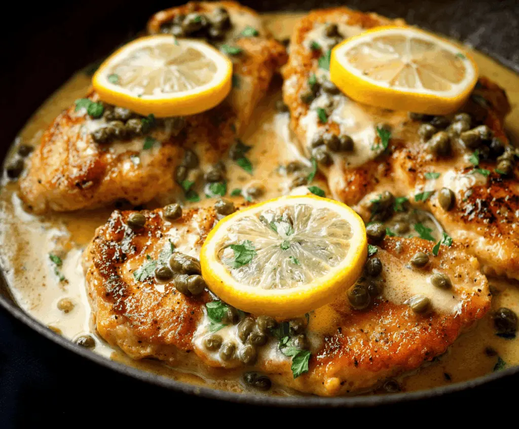 Delicious Chicken Piccata with Lemon Sauce served on a white plate, garnished with fresh parsley.
