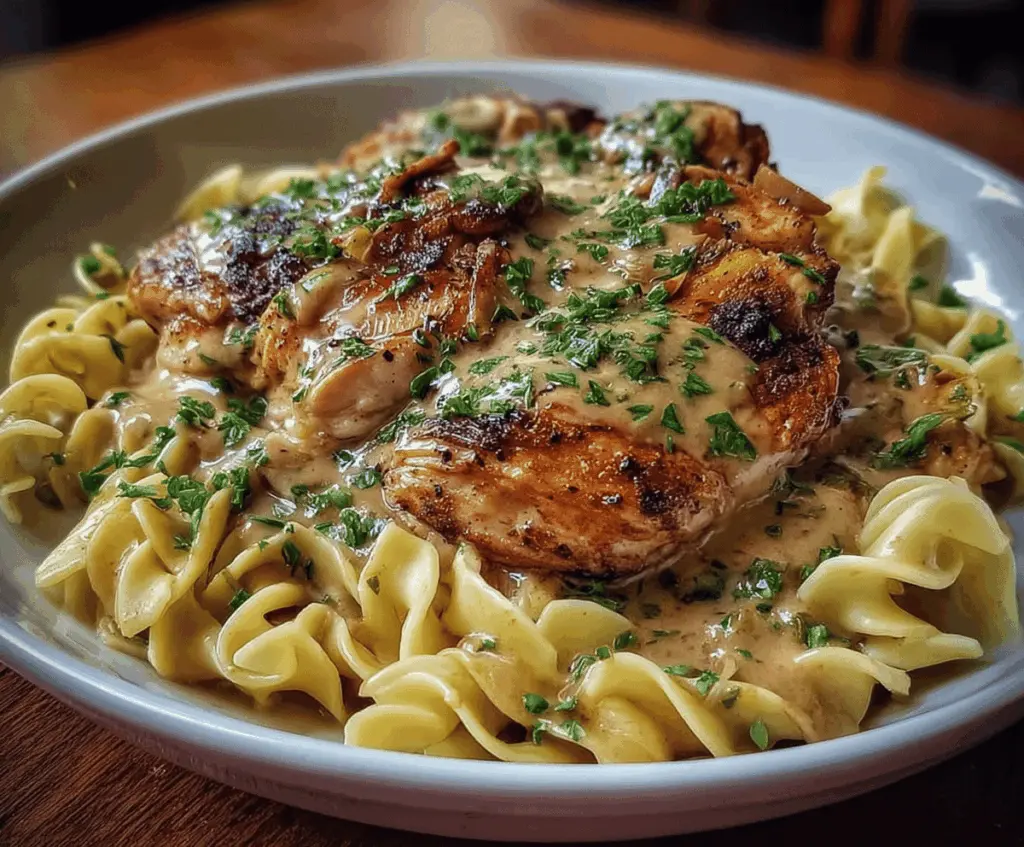 Delicious chicken served with creamy buttered noodles on a plate