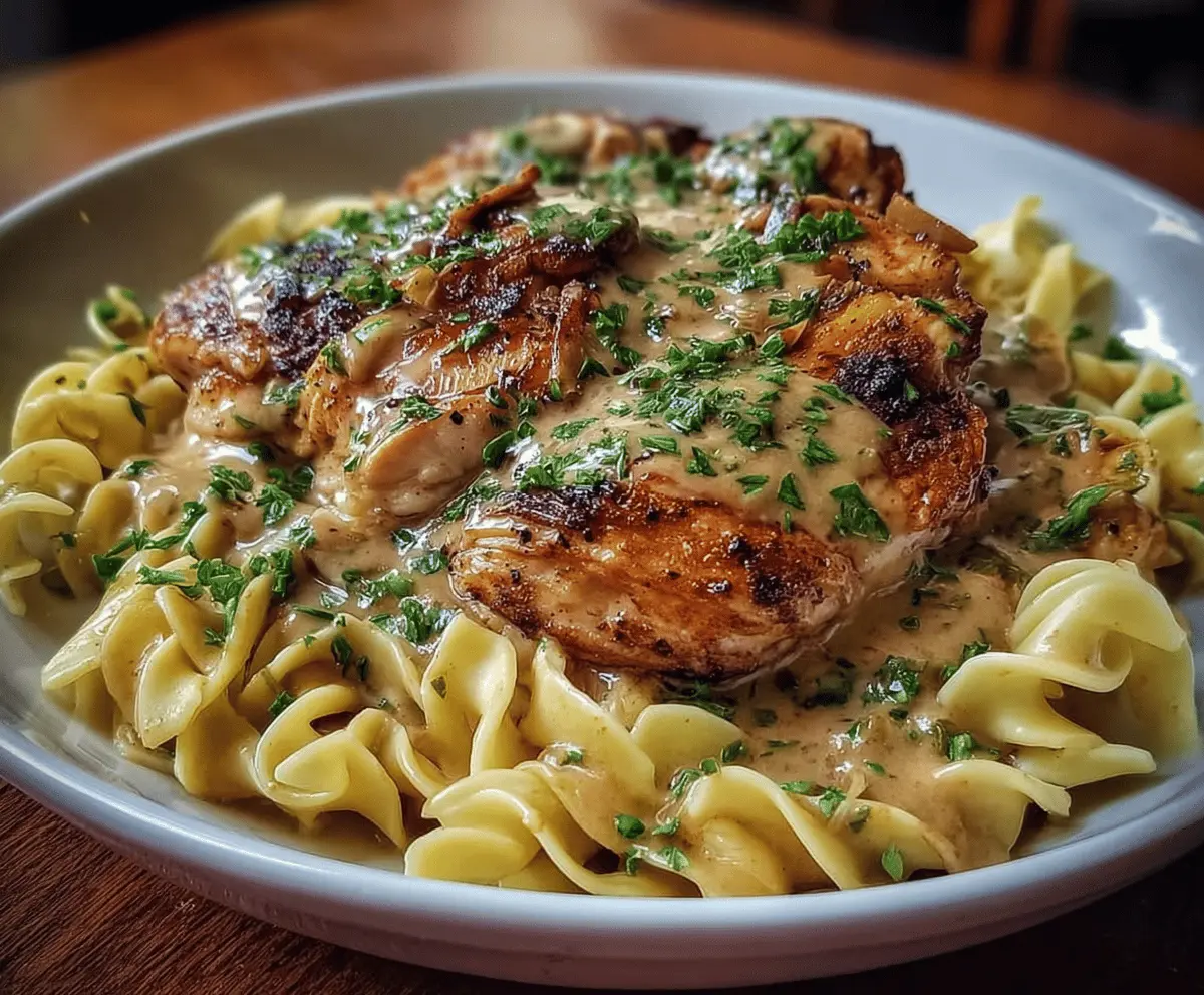 Delicious chicken served with creamy buttered noodles on a plate
