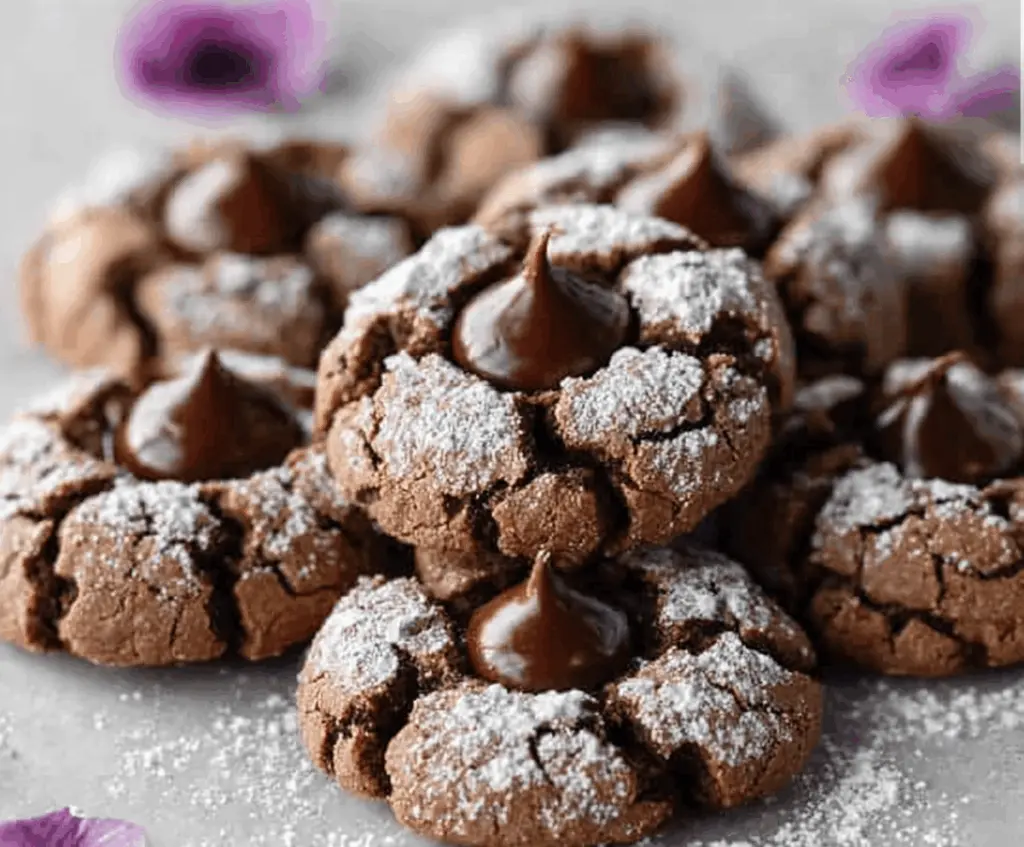 Delicious Chocolate Blossom Cookies with a glossy chocolate center and crinkled edges.