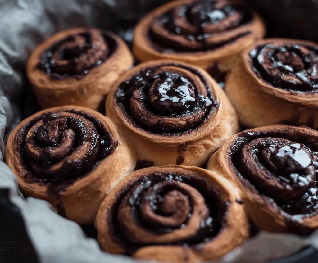 Delicious chocolate cinnamon rolls fresh out of the oven with swirls of rich chocolate and cinnamon filling.