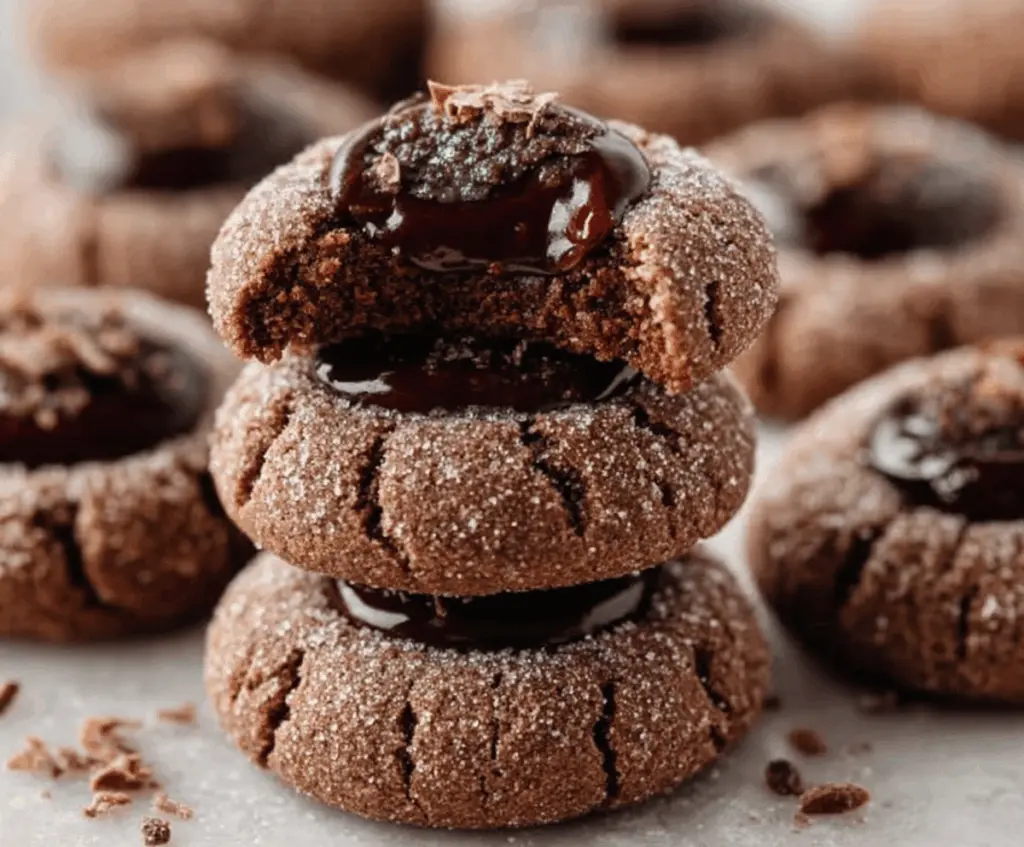 Delicious chocolate thumbprint cookies with a glossy chocolate filling on a rustic plate