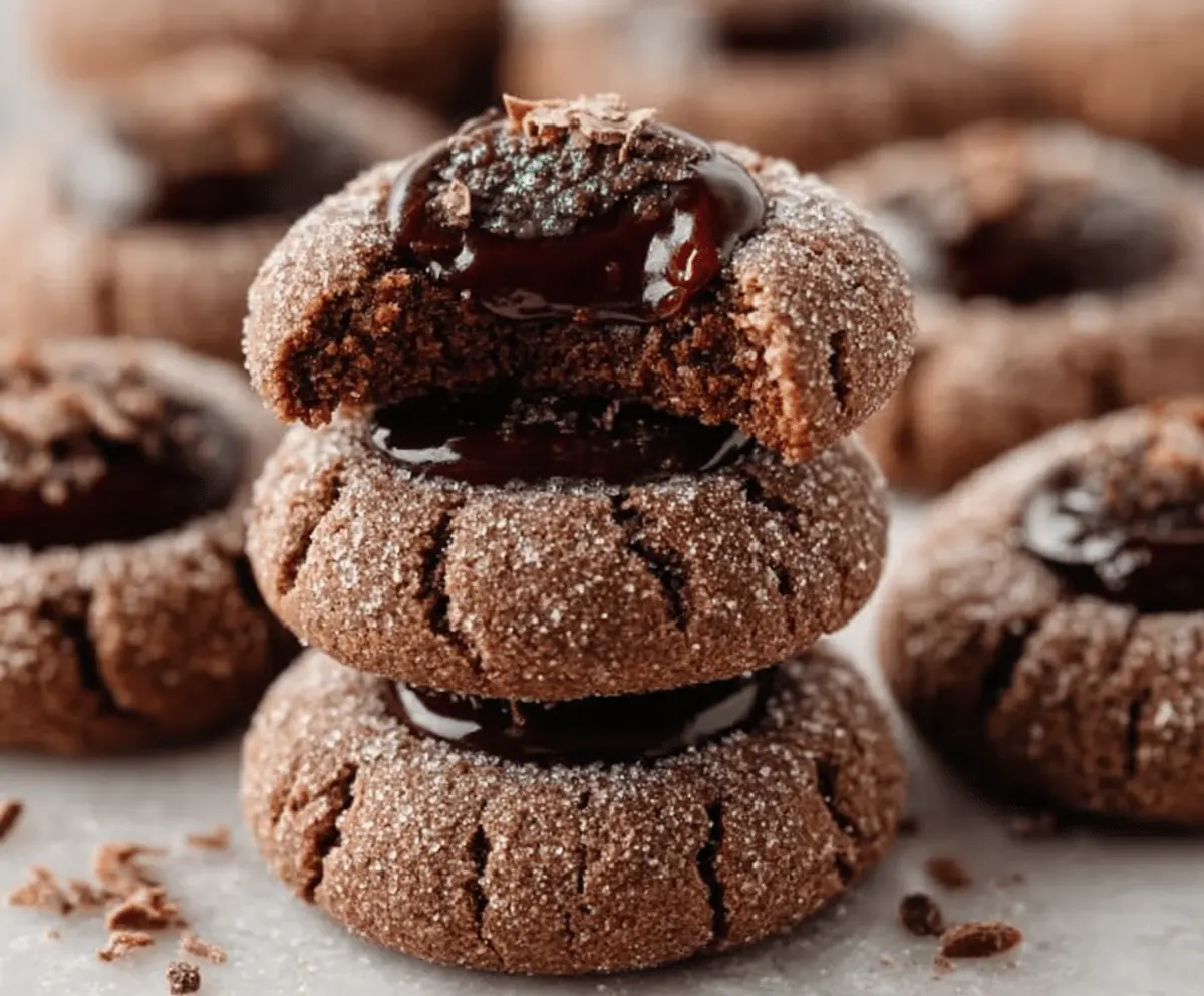 Delicious chocolate thumbprint cookies with a glossy chocolate filling on a rustic plate