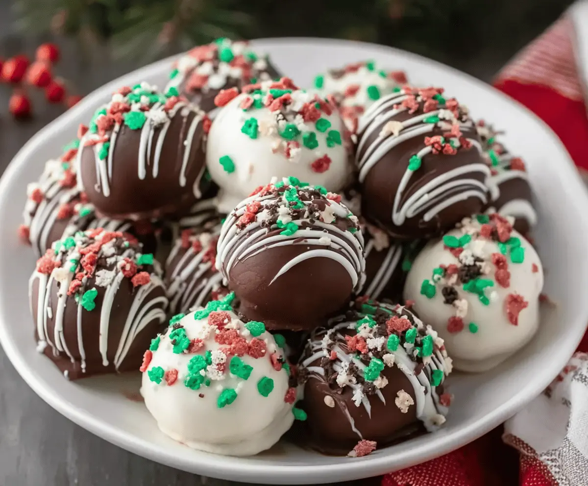 Delicious Christmas Oreo Balls covered in festive red and green sprinkles for holiday treats.