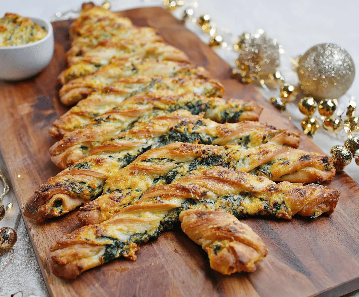 Festive Christmas Tree Spinach Dip Breadsticks with melted cheese and fresh spinach for holiday appetizer