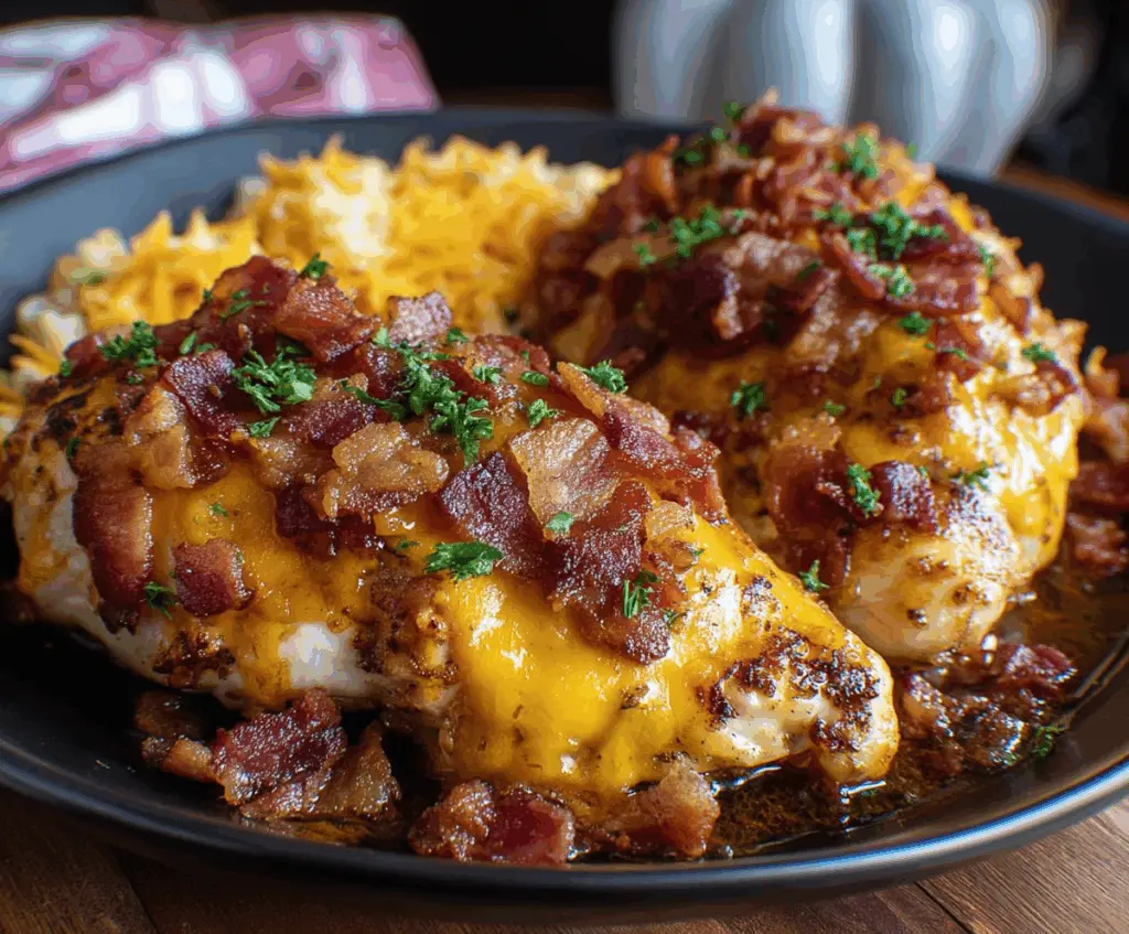Juicy Cowboy BBQ Bacon Cheddar Chicken served on a plate with melted cheese and crispy bacon topping.