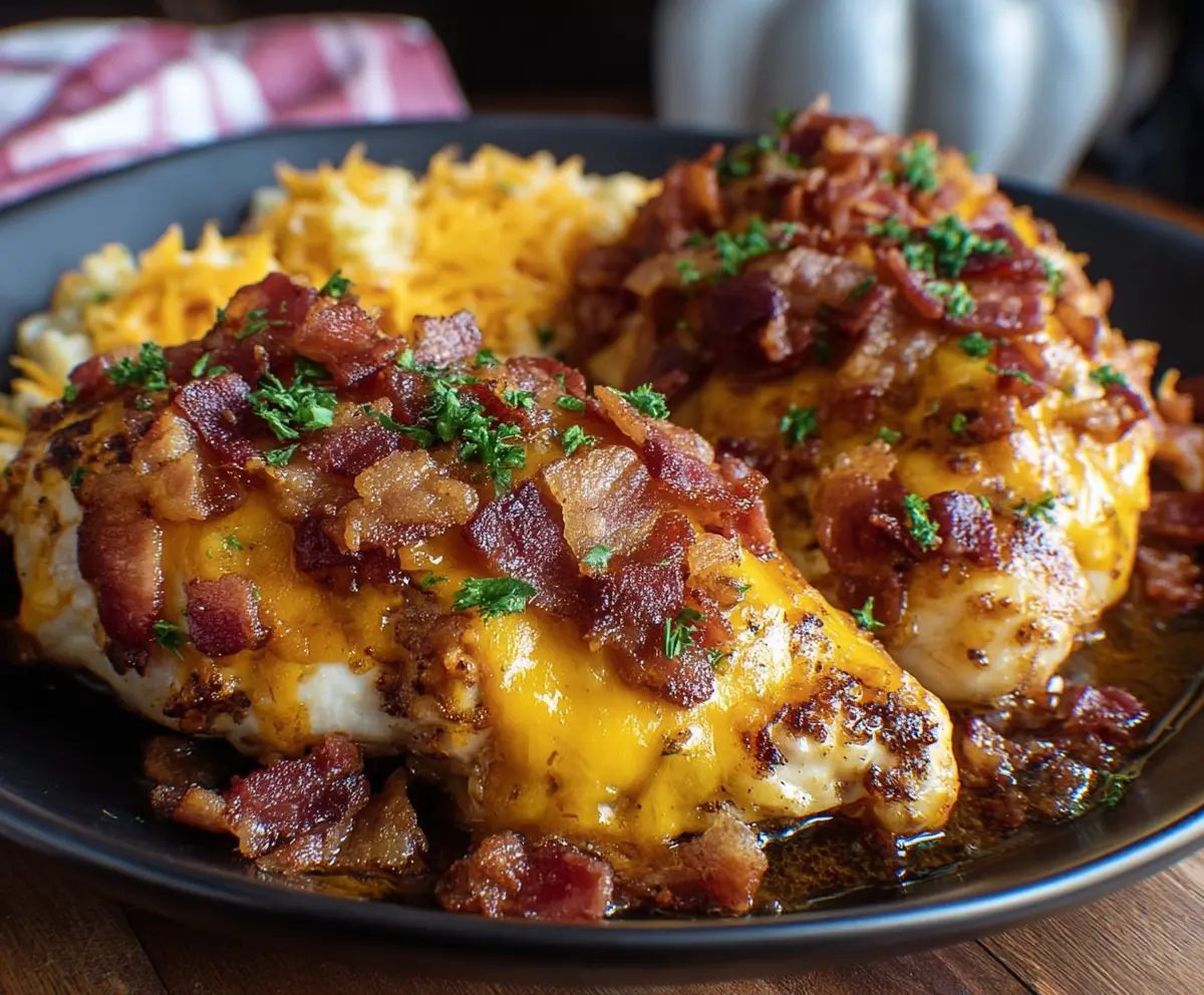 Juicy Cowboy BBQ Bacon Cheddar Chicken served on a plate with melted cheese and crispy bacon topping.