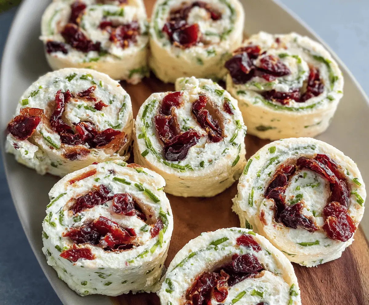Cranberry Feta Pinwheels with Cream Cheese on a Serving Plate, showing colorful layers of cranberries, feta cheese, and cream cheese in rolled pastry.