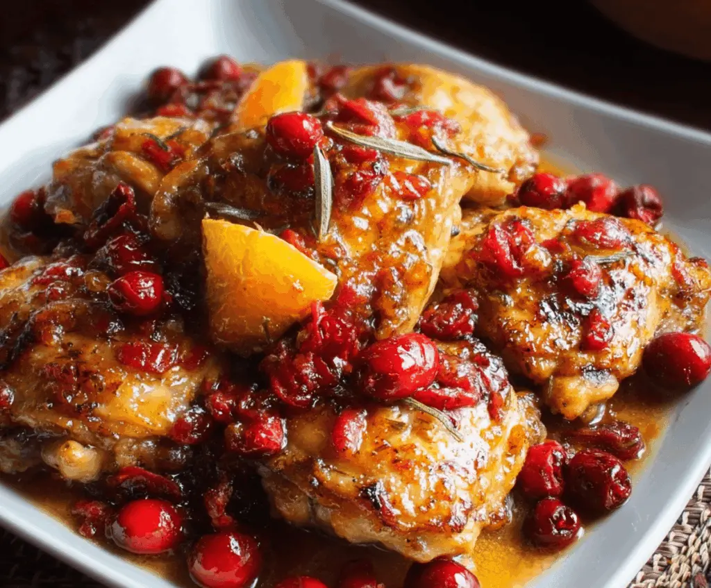 Juicy cranberry orange chicken served with fresh citrus and vibrant berries on a plate.