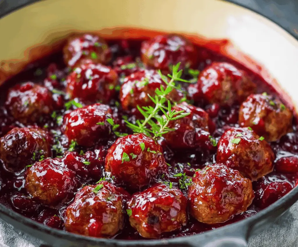 Sweet and savory cranberry sauce glazed meatballs, perfect for holiday appetizers.
