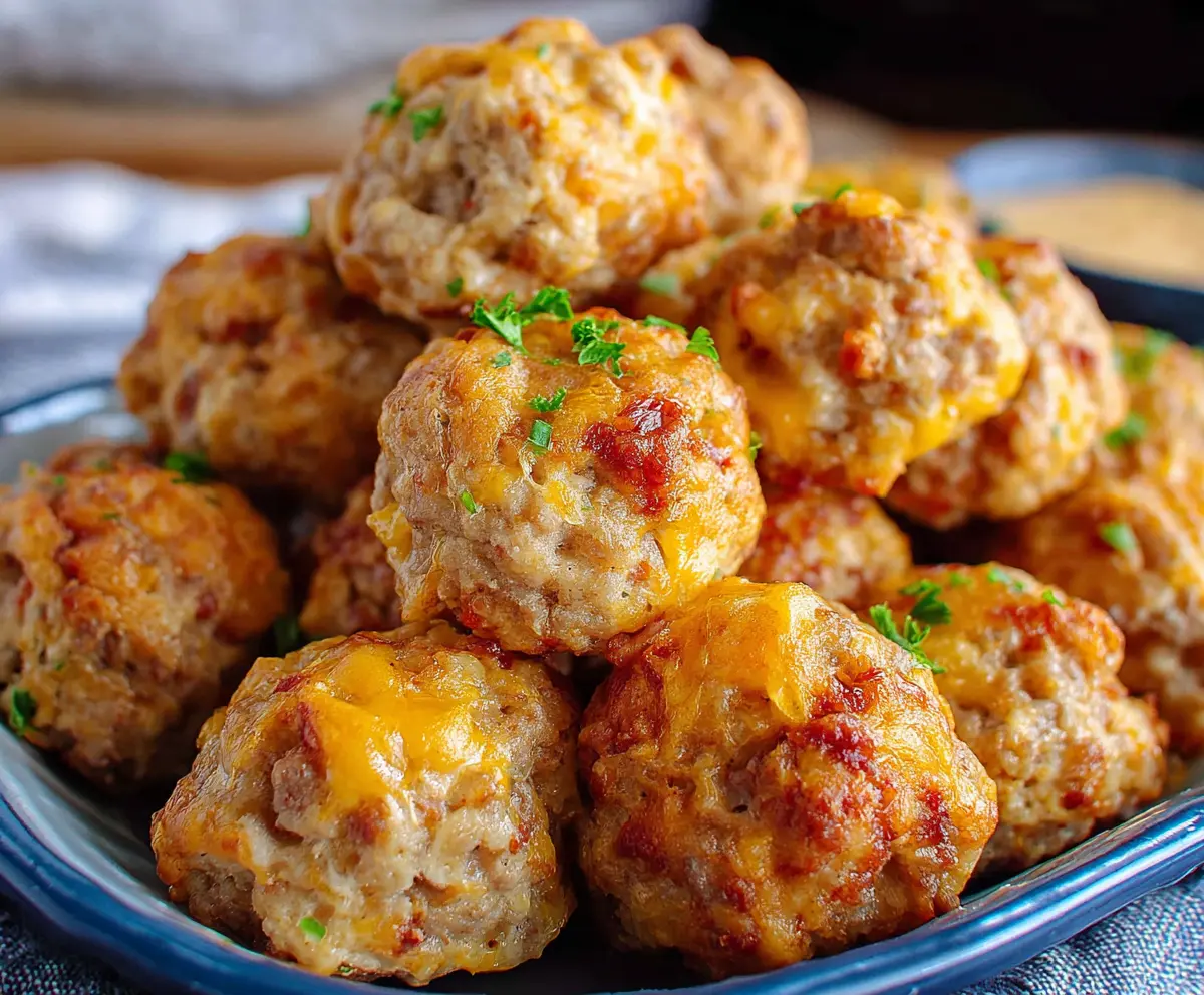 Cream cheese sausage balls on a plate, perfect for appetizers and snacks, with a golden brown crust.