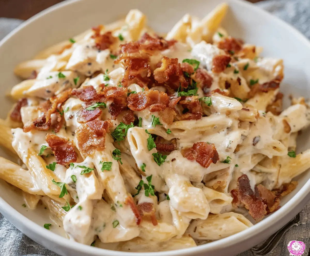 Creamy chicken bacon ranch pasta served in a bowl, topped with herbs and cheese.