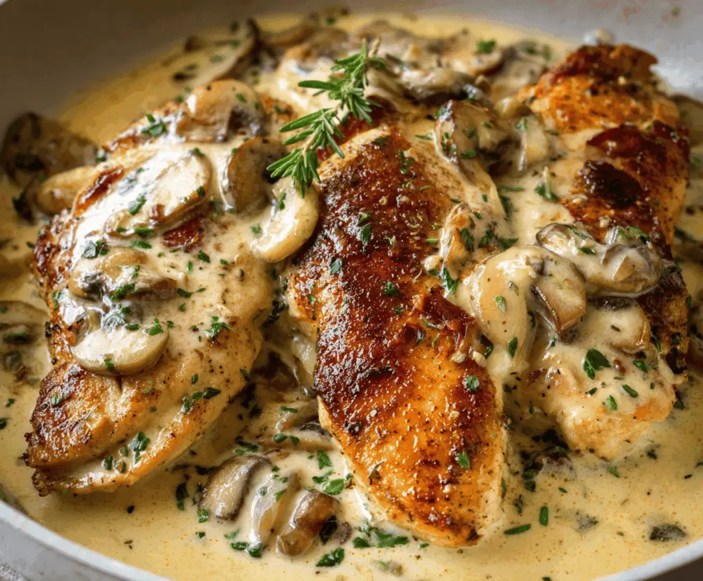 Delicious creamy garlic chicken served with fresh herbs on a white plate.