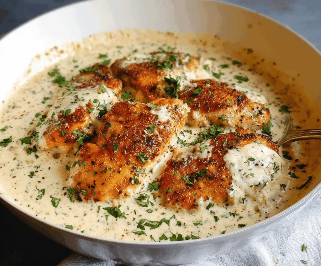Delicious creamy garlic Parmesan chicken served on a white plate with herbs