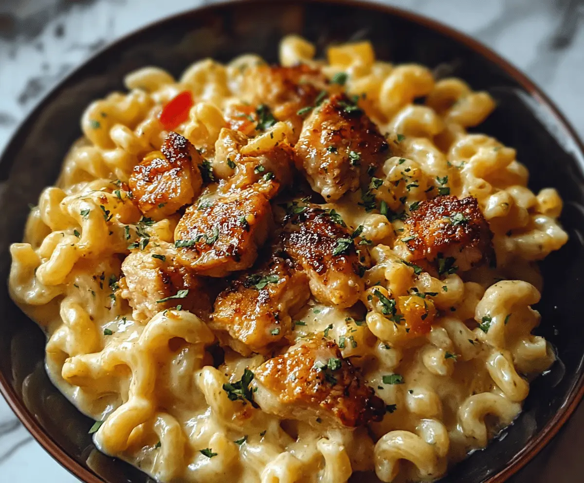 Creamy Honey Pepper Chicken Mac and Cheese served in a bowl with golden melted cheese and tender chicken pieces.