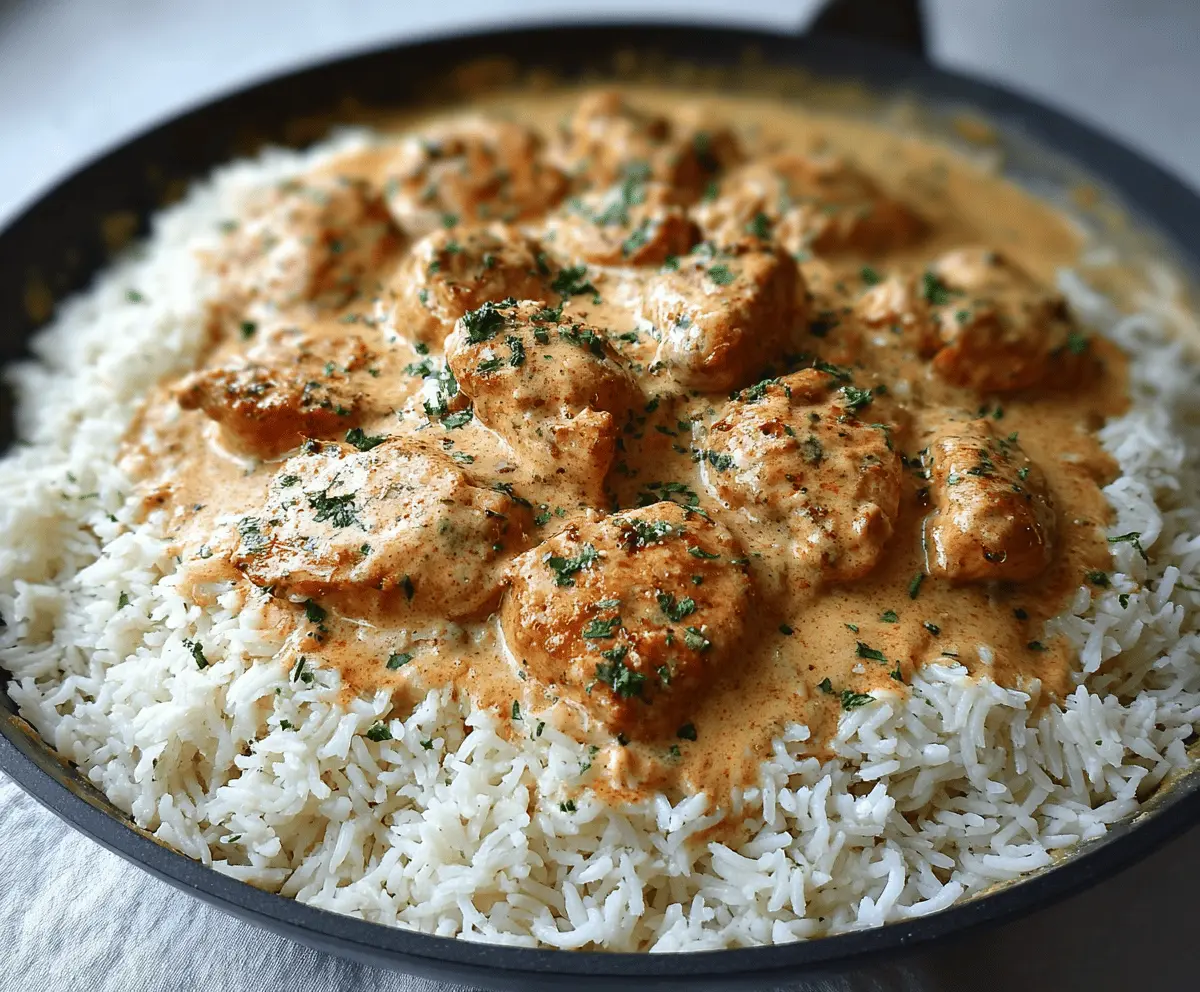 Hearty creamy smothered chicken served over fluffy rice, garnished with herbs and vegetables