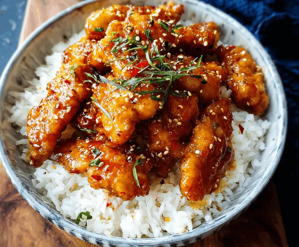 Crispy Chinese Honey Garlic Chicken served on a plate with garnish, showcasing a golden-brown, crispy exterior and savory honey garlic glaze.