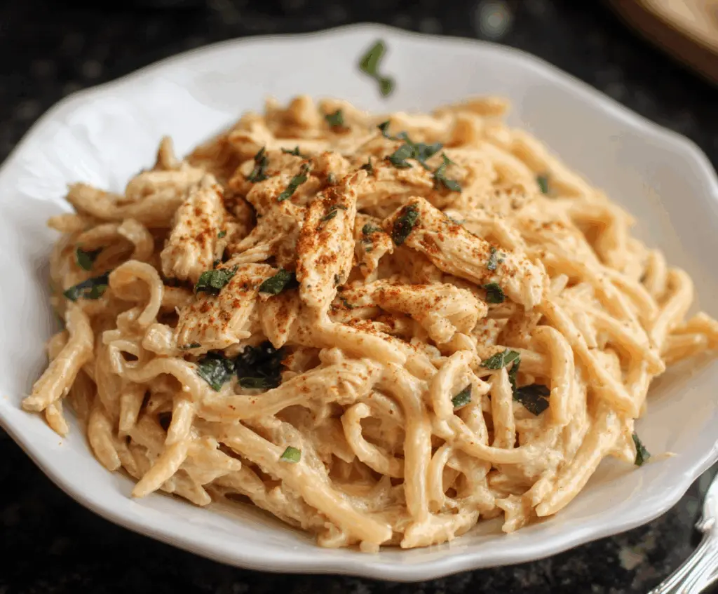 Creamy Cajun chicken pasta cooked in a crock pot with flavorful spices and tender chicken pieces.