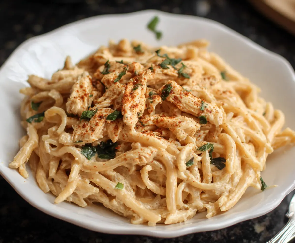 Creamy Cajun chicken pasta cooked in a crock pot with flavorful spices and tender chicken pieces.
