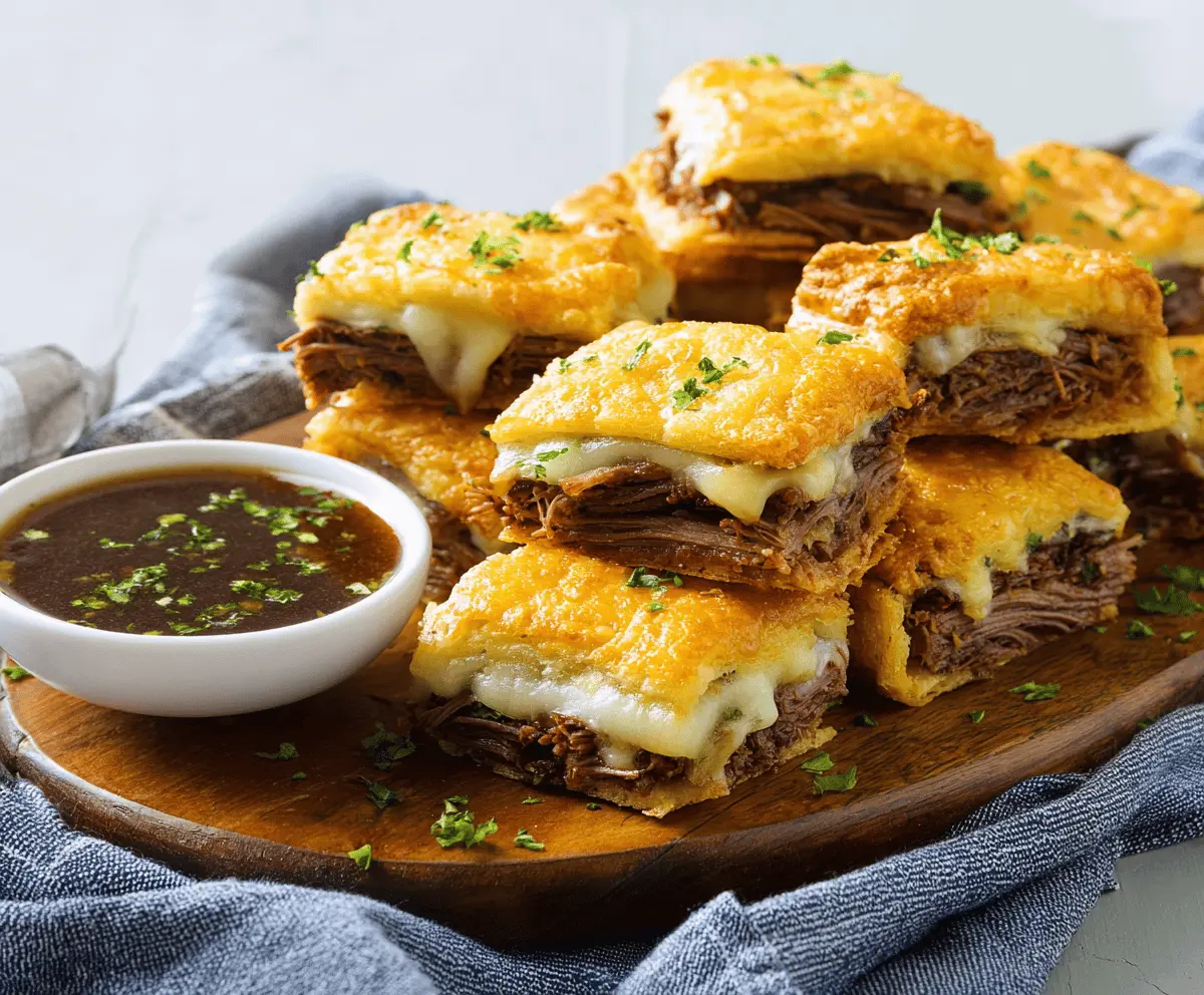 Savory French Dip Square appetizer with melted cheese and tender beef on a crispy pastry base.