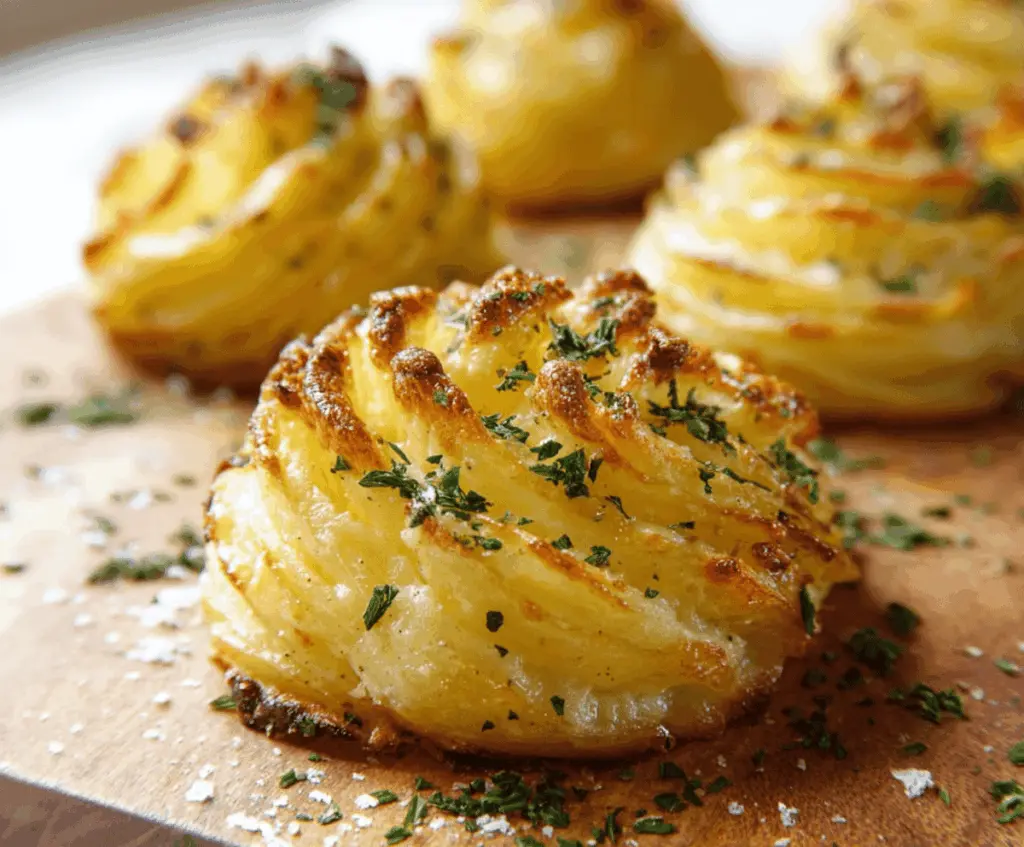 Creamy and fluffy Duchess Potatoes garnished with parsley on a elegant dinner plate.