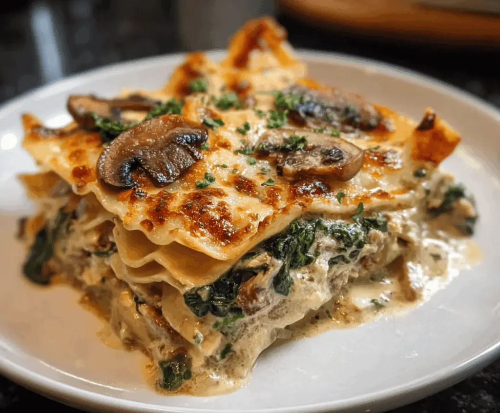 Delicious creamy spinach and mushroom lasagna layered with cheese and herbs, perfect for a comforting vegetarian dinner.