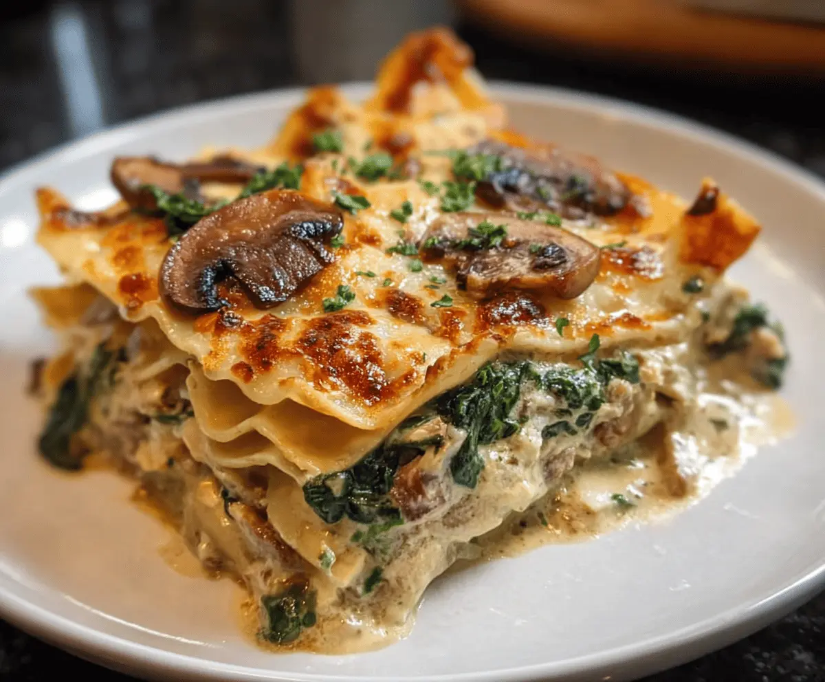 Delicious creamy spinach and mushroom lasagna layered with cheese and herbs, perfect for a comforting vegetarian dinner.