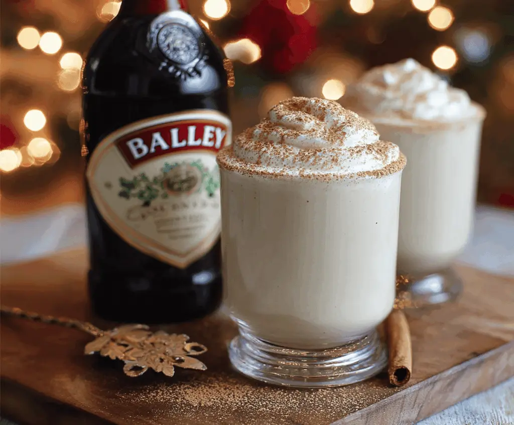 Creamy Eggnog with Baileys Irish Cream in a festive glass for holiday celebration