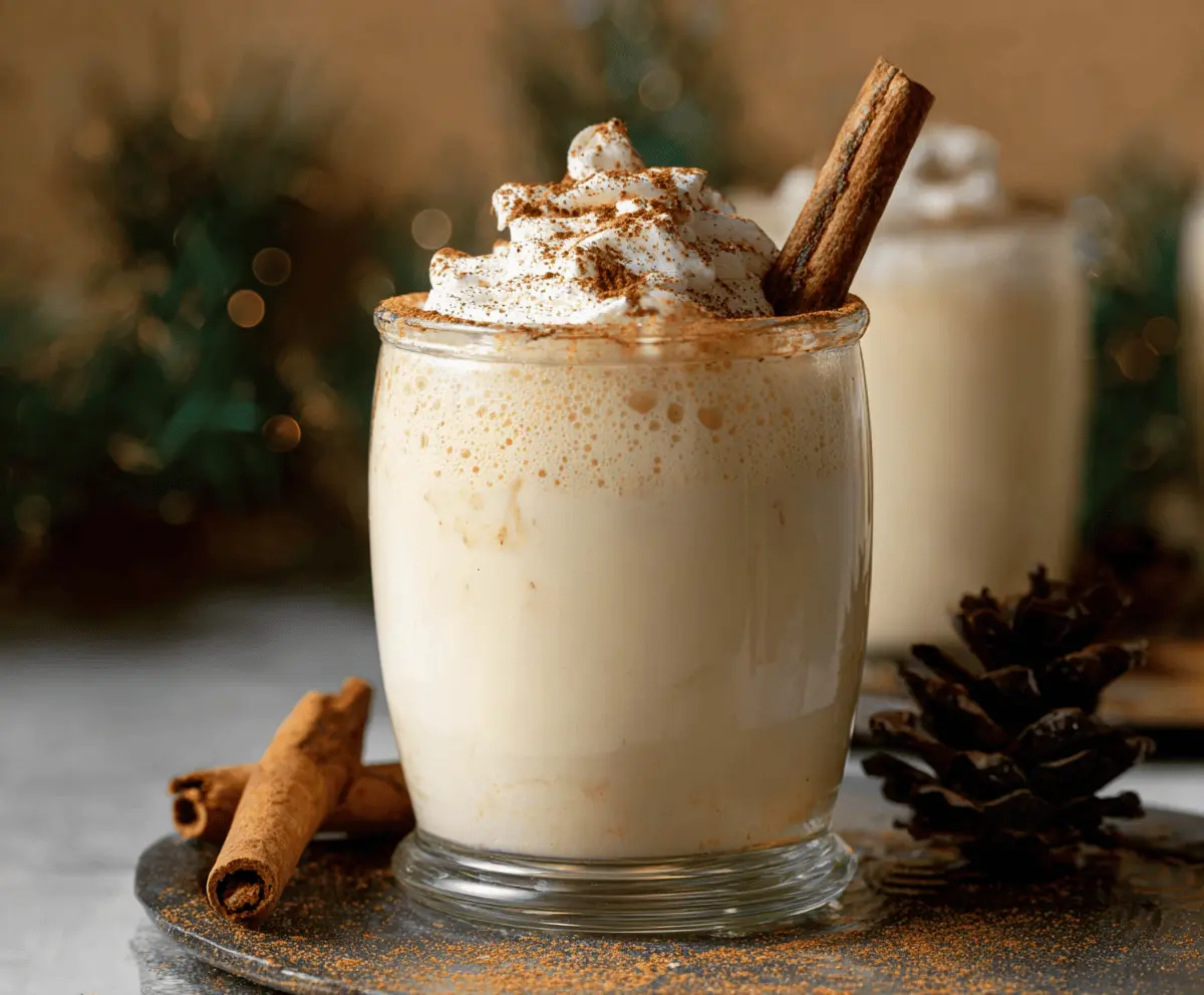 Rich and creamy homemade eggnog garnished with a sprinkle of nutmeg in a festive glass.