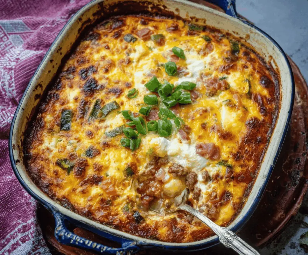 Delicious Farmer’s Casserole with layers of vegetables, cheese, and savory meat served in a baking dish.