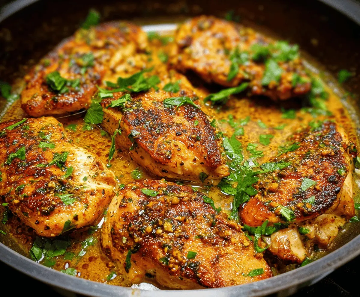 Savory garlic butter chicken served with fresh herbs and a side of vegetables.