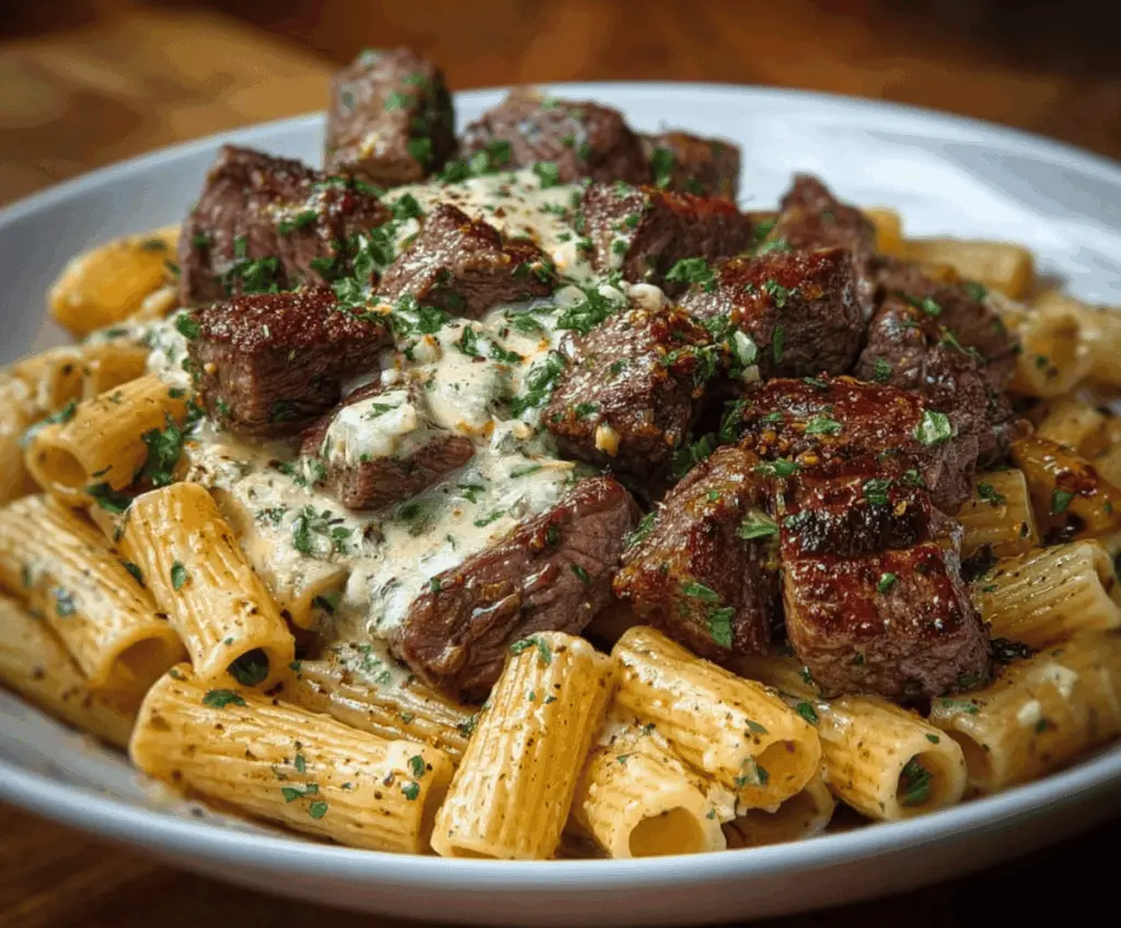 Succulent garlic butter steak tips served with creamy cheesy rigatoni pasta on a rustic plate.