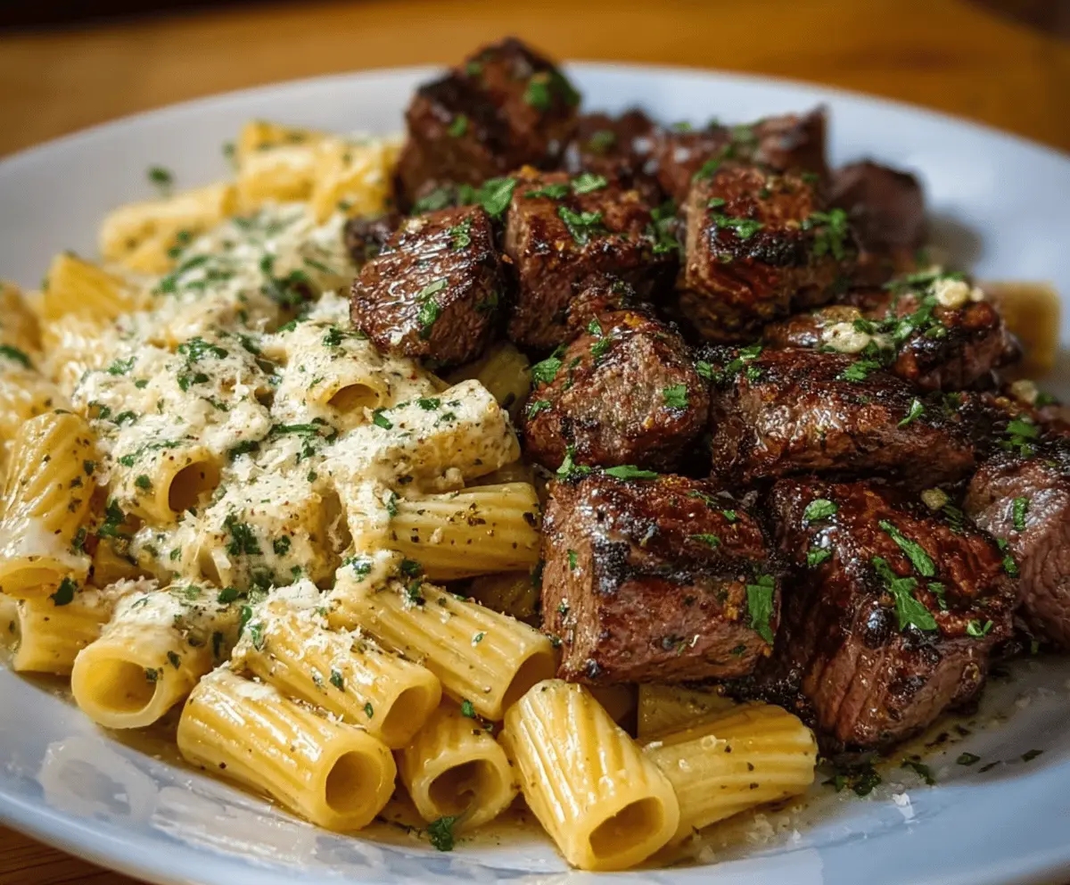 Garlic Butter Steak Tips with Cheesy Rigatoni
