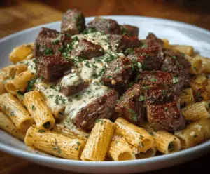 Succulent garlic butter steak tips served with creamy cheesy rigatoni pasta on a rustic plate.