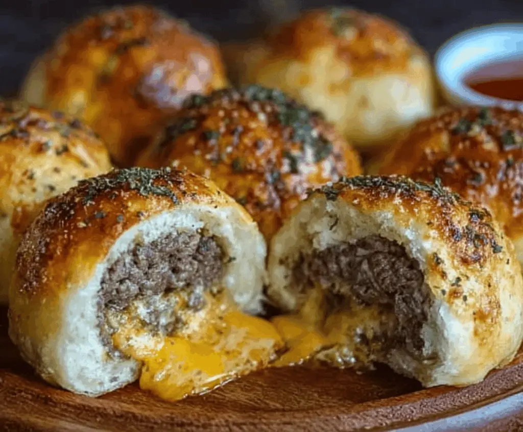 Delicious Garlic Parmesan Cheeseburger Bombs with melted cheese and crispy garlic crust on a serving platter