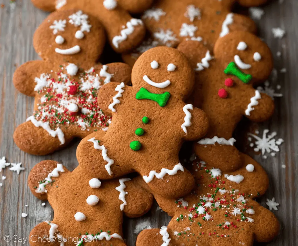 Decorated gingerbread man cookies on a festive plate for Christmas celebrations
