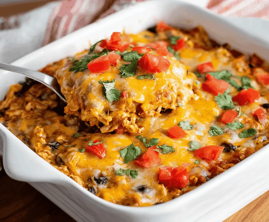 Healthy Chicken Taco Casserole topped with fresh vegetables in a baking dish.