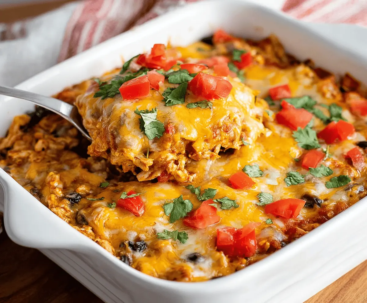 Healthy Chicken Taco Casserole topped with fresh vegetables in a baking dish.