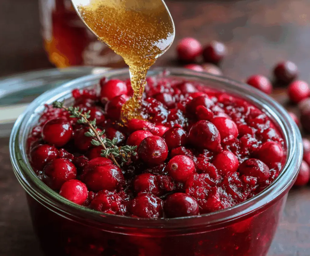 Sweet and tangy Honey Bourbon Cranberry Sauce served in a glass jar, featuring fresh cranberries and a glossy finish.