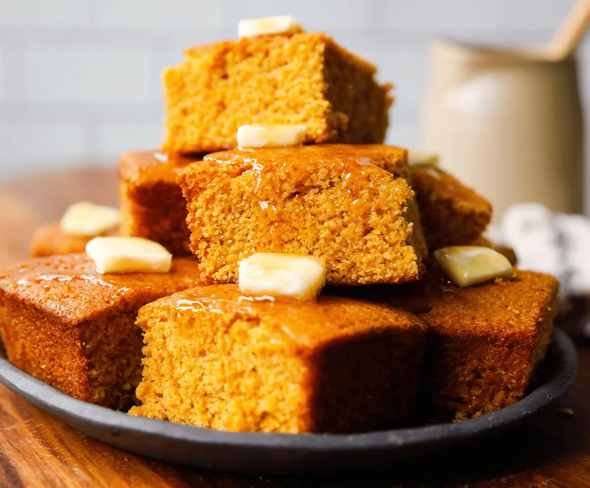 Golden Honey Butter Sweet Potato Cornbread served on a rustic plate, highlighting its moist texture and sweet flavor.
