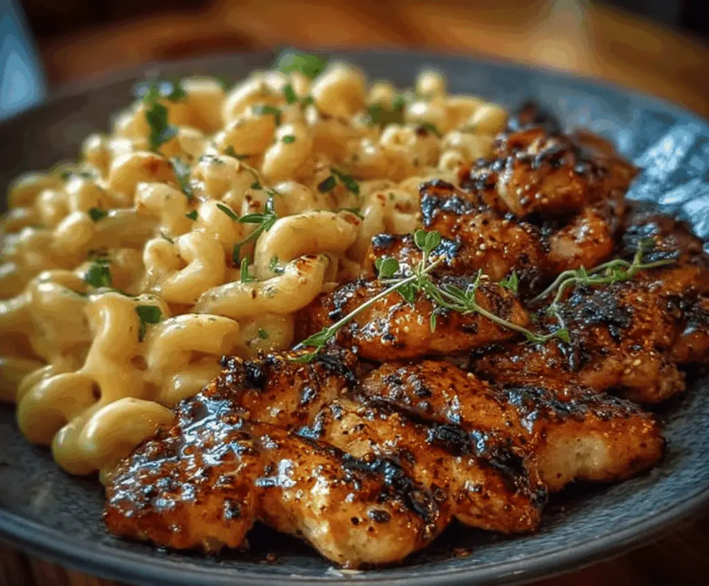 Delicious Honey Pepper Chicken served with creamy macaroni cheese, perfect for a comforting dinner.